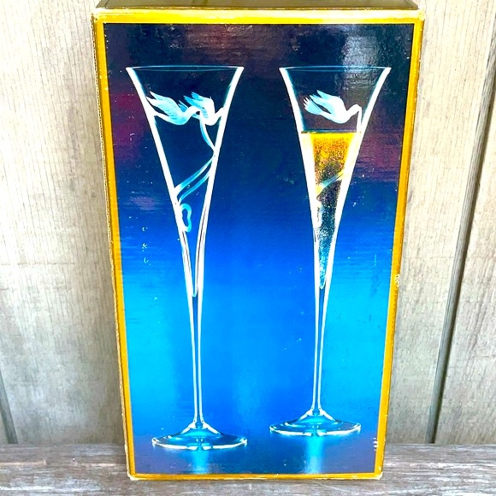 European Handmade Vintage Crystal Champagne Wedding Toasting Flutes New in Box